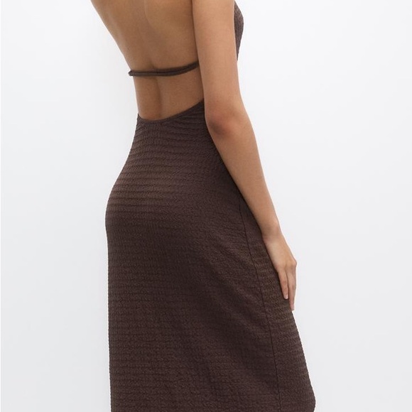 Pull & Bear Textured Halter Midi Dress Brown - Picture 4 of 7